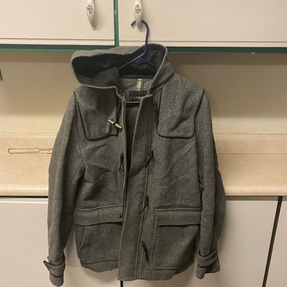 Express men’s grey pea coat with hood Sz M